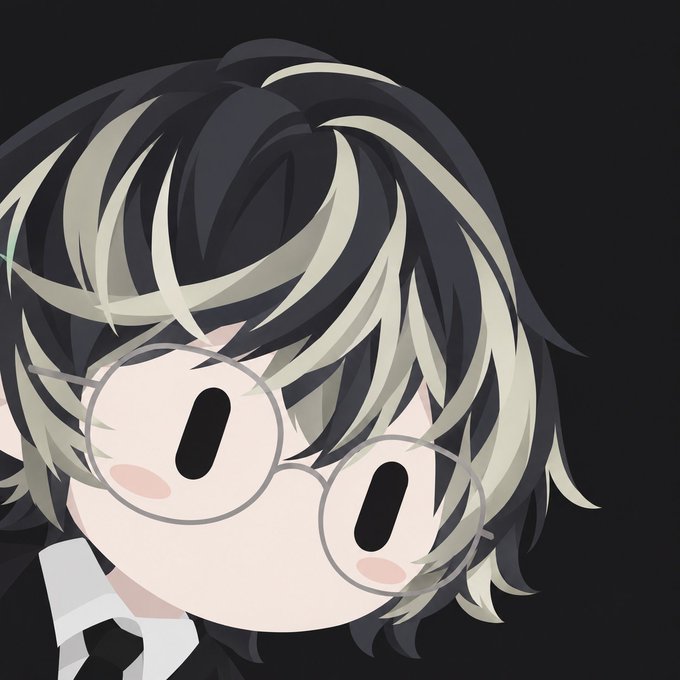A close-up of a chibi-style anime character avatar with black and white streaked hair and large round glasses.