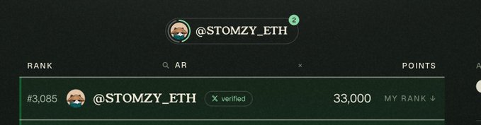 A dark interface displays a user profile for '@STOMZY_ETH' ranked '#3,085' with '33,000 POINTS' and a green verified badge, showing two notification icons.