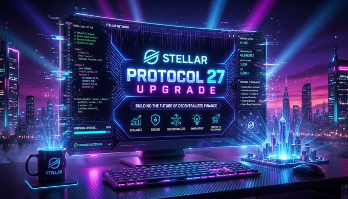 A futuristic neon graphic advertising "Stellar Protocol 27 Upgrade - Building the Future of Decentralized Finance" with features like scalable, secure, and decentralized, set against a cyberpunk city skyline.