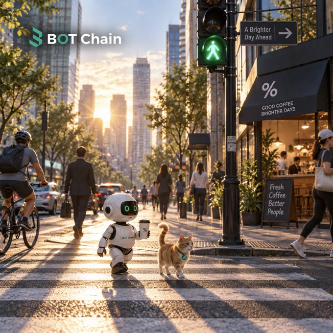 A promotional image for 'BOT Chain' showing a cute robot and an orange cat crossing a city street at a crosswalk with a green pedestrian signal.