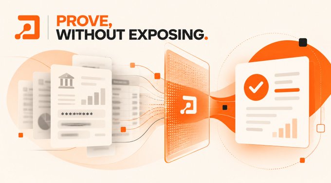A promotional graphic with the text 'PROVE, WITHOUT EXPOSING.' showing document icons flowing through a digital process toward a verified checkmark document.