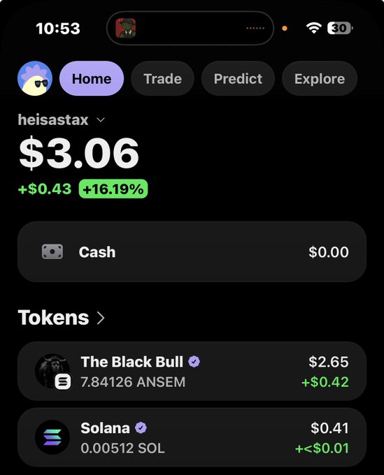 A screenshot of a crypto portfolio app showing the account 'heisastax' with a total value of $3.06 (+$0.43, +16.19%), holding 'The Black Bull' token ($2.65) and Solana (0.00512 SOL, $0.41).