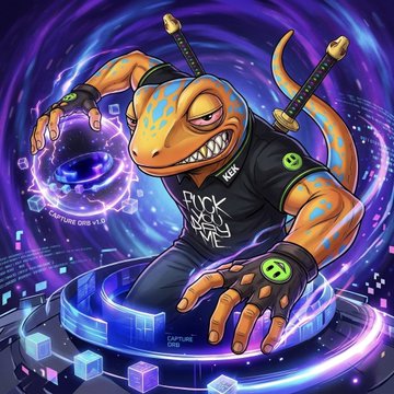 An orange lizard-like humanoid character wearing a black shirt and gloves is shown in a dynamic pose against a purple background with digital cubes.