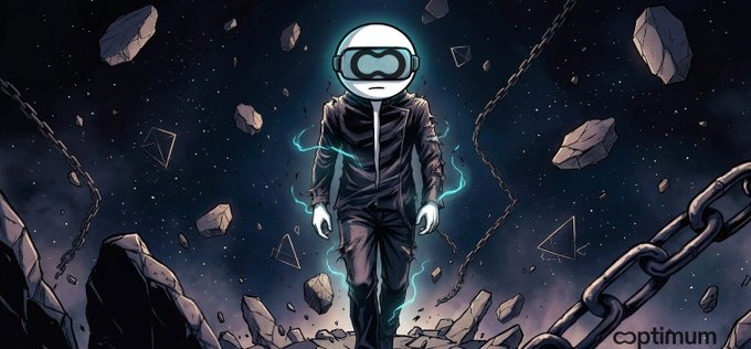 Stylized illustration of an astronaut in a spacesuit with a VR/goggle helmet standing amid floating rocks and chains in space, with 'optimum' branding in the corner.