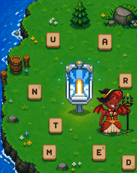 A screenshot from a pixel-art video game showing a small red demon character standing next to a glowing blue portal, surrounded by wooden letter tiles spelling out "UNTRADE D."