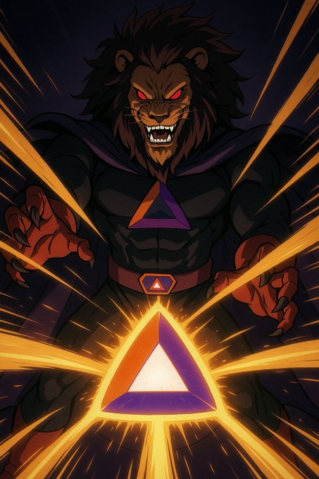 An illustration of a snarling, anthropomorphic lion-like figure with glowing red eyes and claws, channeling fiery energy toward a glowing triangular symbol.