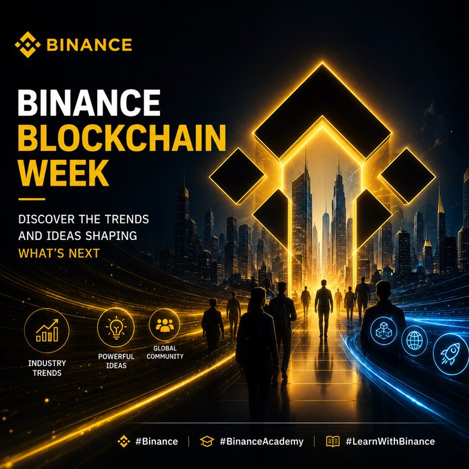 The promotional graphic for "Binance Blockchain Week" features a futuristic cityscape with silhouettes of people walking toward a glowing Binance logo, with text highlighting "Discover the trends and ideas shaping what's next" alongside icons representing "Industry Trends," "Powerful Ideas," and "Global Community." It visually reinforces the post's message by symbolizing the diverse community coming together to shape blockchain's future through collaboration and dialogue.