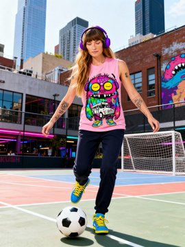 A young woman with headphones, a pink graphic tank top, and sneakers stands on an urban soccer court with a soccer ball at her feet, with city buildings visible in the background.