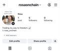 A screenshot of an Instagram profile for 'rosaanchain' showing 5 posts and 0 followers with the status 'Crashing my way to freedom...'