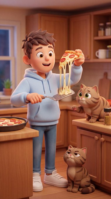 A 3D-style animated boy lifts a cheesy pizza slice in a warm kitchen, while two tabby cats—one on the counter and one on the floor—look up longingly. The image ties into the day's mint schedule as a lighthearted, food-themed visual metaphor for the multiple "drops" happening on Thursday 10/09/26.