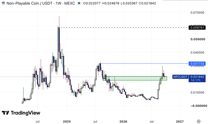 A TradingView weekly price chart for Non-Playable Coin / USDT (NPCUSDT) on MEXC, showing price levels including 0.058761 and 0.021842.
