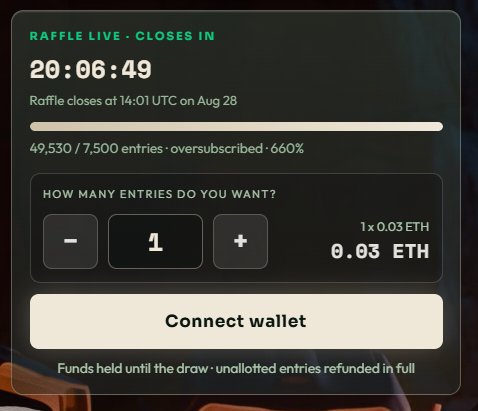 A live raffle interface showing a countdown of 20:06:49, with 49,530/7,500 entries listed as oversubscribed at 660%, offering entry purchase for 0.03 ETH each.
