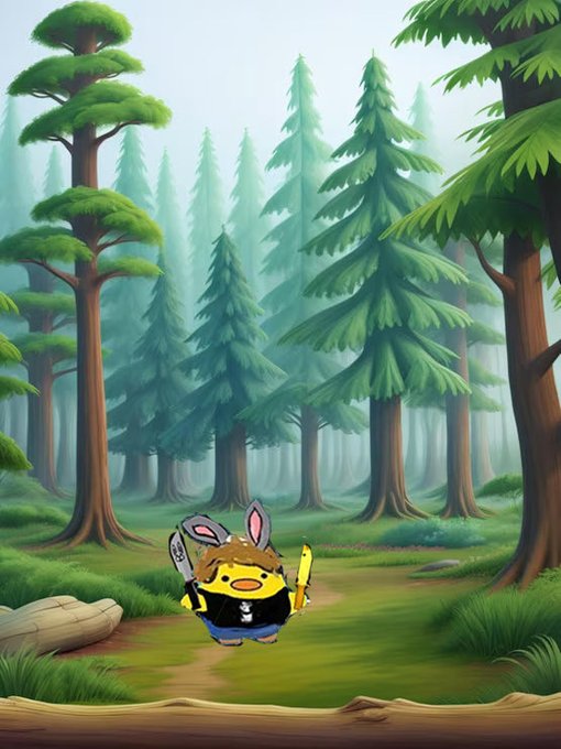 A cartoon yellow character wearing bunny ears and holding a chainsaw and knife, standing in a misty green forest.
