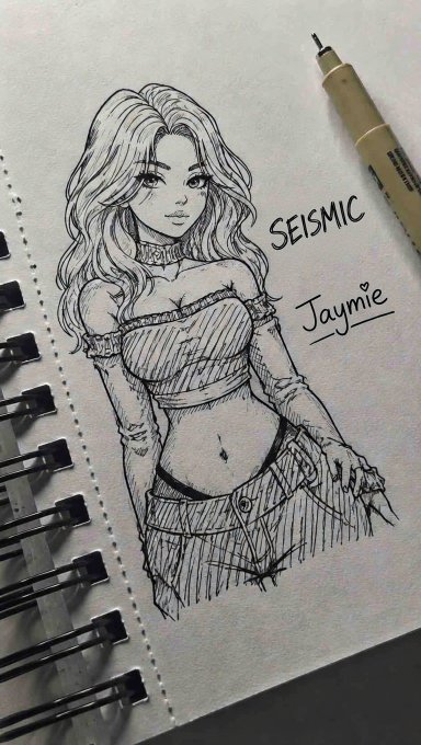 A pen and ink sketch in a spiral notebook depicting an anime-style female character labeled 'SEISMIC' and signed 'Jaymie,' drawn with a fine-tipped pen visible at the top.
