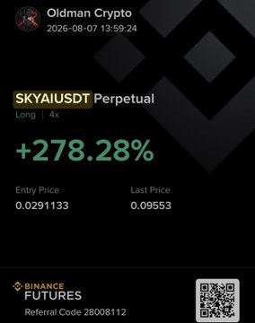 A trading screenshot from "Oldman Crypto" showing a profitable SKYAIUSDT perpetual long position with 4x leverage, achieving a +278.28% gain (entry price 0.0291133 to last price 0.09553), which visually substantiates the poster's claim of a successful long call that ran 4x+.