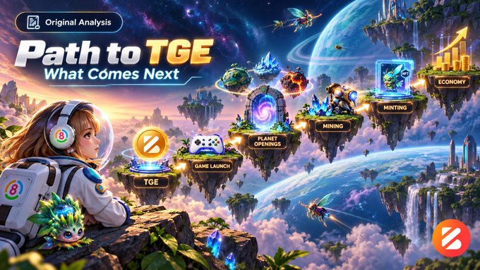 A promotional graphic titled 'Path to TGE: What Comes Next' illustrates a cartoon astronaut overlooking a cosmic landscape with floating islands labeled TGE, Game Launch, Planet Openings, Mining, Minting, and Economy.