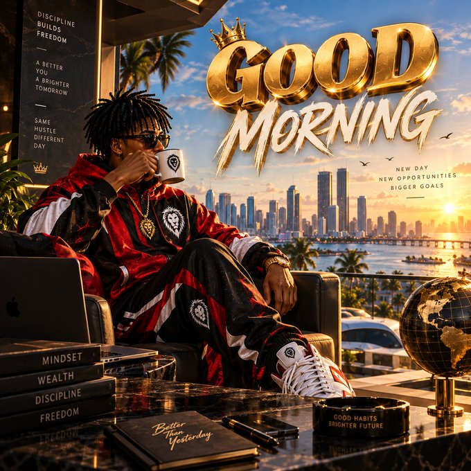 A digital artwork of a young man in red and black clothing sitting on a balcony with a coffee mug, overlooking a sunny cityscape, surrounded by motivational text like 'GOOD MORNING' and 'DISCIPLINE BUILDS FREEDOM'.