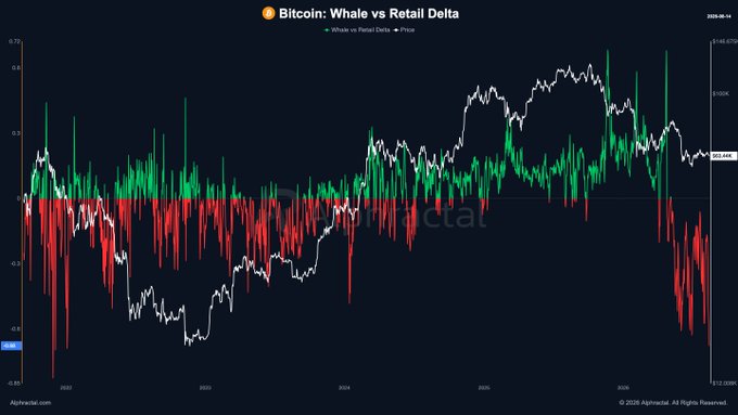 A chart from Alphractal titled "Bitcoin: Whale vs Retail Delta" tracks the difference in positioning between whales and retail traders (green/red bars) against Bitcoin's price (white line) from 2022 to 2026, with the price axis spanning $20.66K to $144.62K. The visualization supports the post's claim by showing whales increasingly taking on short exposure relative to retail traders, with the delta bars trending sharply negative at the recent right edge as Bitcoin's price hovers near $93.45K.