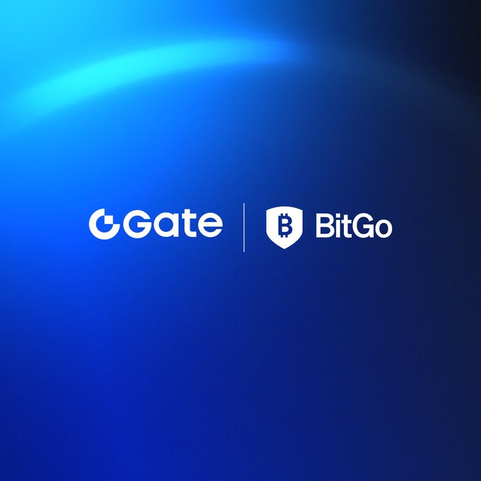 A minimalist blue gradient background displaying the white logos for 'Gate' and 'BitGo' separated by a vertical line.