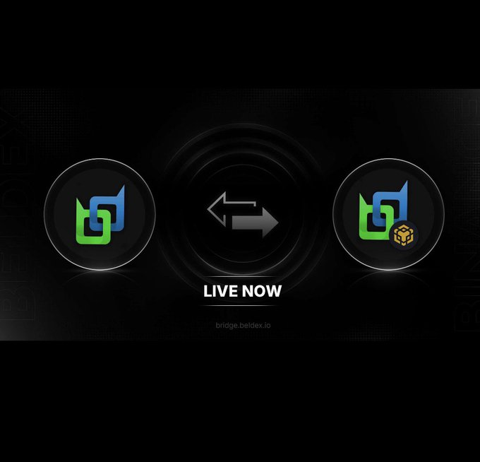 A dark graphic displays two interconnected logo icons with arrows between them, labeled 'LIVE NOW' and 'bridge.beldex.io'.