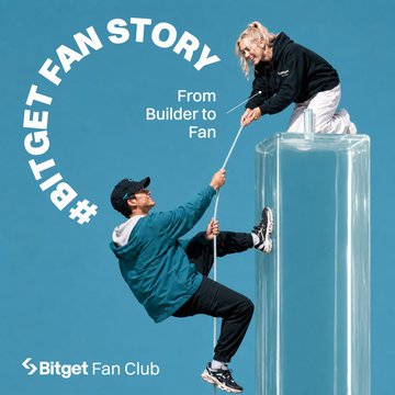 A Bitget Fan Club promotional image titled '#BITGET FAN STORY' featuring two people climbing and helping each other with the subtitle 'From Builder to Fan'.
