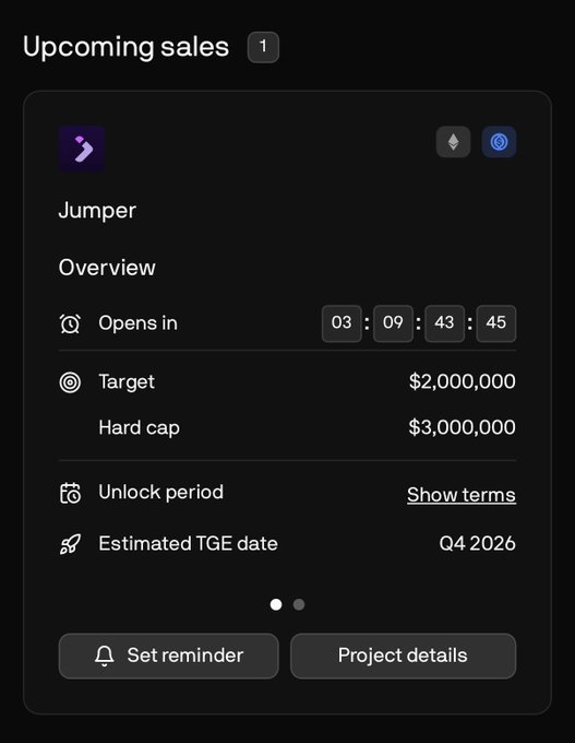 A mobile app screenshot showing an 'Upcoming sales' section for a project called 'Jumper' with a countdown timer, a target of $2,000,000, a hard cap of $3,000,000, and an estimated TGE date of Q4 2026.