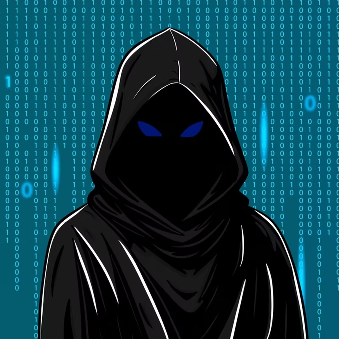 A digital illustration shows a dark, hooded figure with glowing blue eyes set against a teal background covered in falling streams of binary code (1s and 0s).