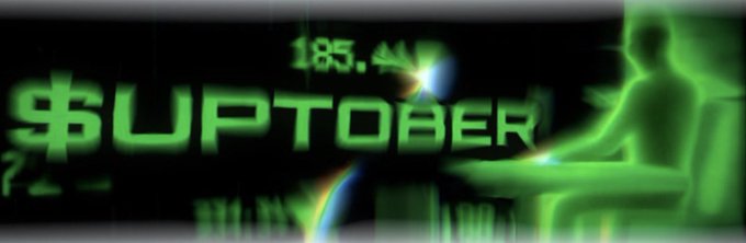 A green digital display showing the text "$UPTOBER" with "185.4%" and a silhouette of a person at a computer.