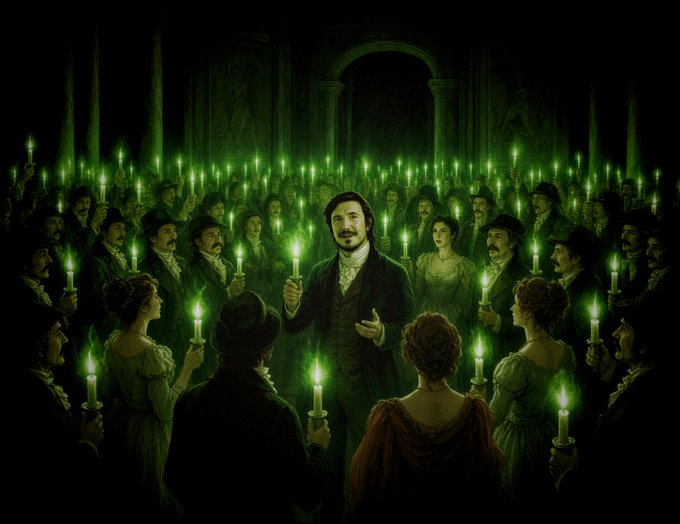 A central figure with dark hair and a mustache stands holding a glowing green candle, surrounded by a crowd of elegantly dressed men and women, all holding similar green candles in a grand, dimly lit hall. The image references Vladimir Tenev (tagged as @vladtenev), co-founder of Robinhood, symbolizing the democratization of finance through "Robinhood Chain," where the green candles evoke both candlelight and stock market gains, suggesting equal opportunity for all investors.