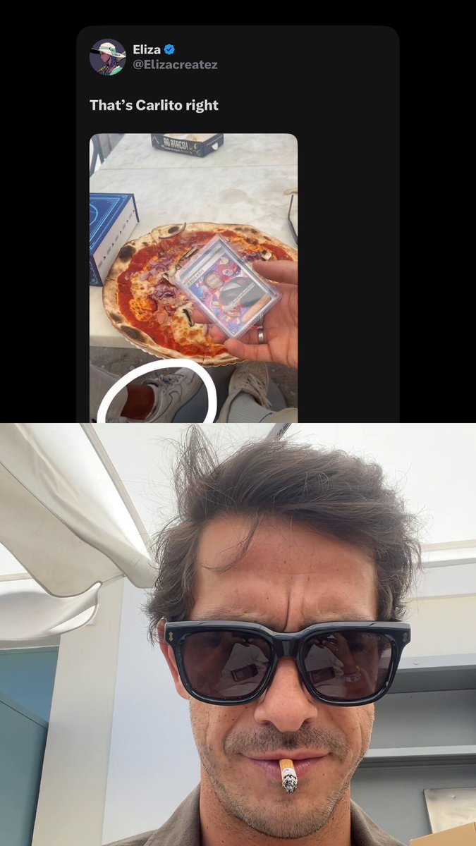 The image features a man wearing sunglasses, holding a cigarette, and posing for a picture with a pizza on a table behind him. The caption of the photo reads "How da f did you know?" which seems to be a reference to a popular social media account or post about the pizza in question.