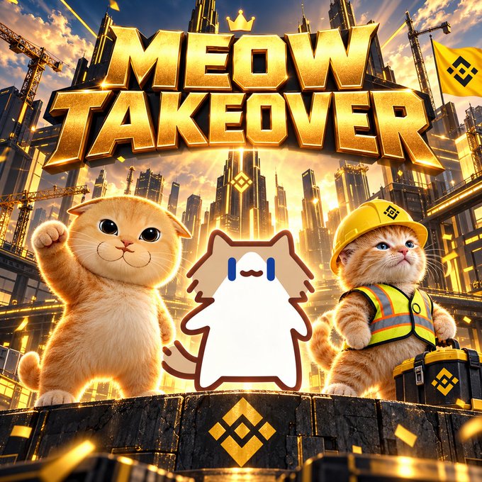 A vibrant promotional graphic titled 'MEOW TAKEOVER' featuring a golden Binance-themed cityscape, a cute orange cat in a construction hat, a Binance mascot character, and another cat in safety gear, all celebrating the meme token launch.