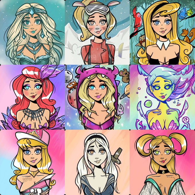A vibrant 3x3 grid showcasing nine illustrated MetaVixens characters, each depicted as a stylized female figure with unique themed elements such as animal features, costumes, and fantasy accessories, reflecting the "iconic" nature mentioned in the post.