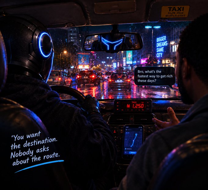 A cyberpunk taxi scene at night in a rainy neon-lit city, with a robotic driver and passenger; text reads 'Bro, what's the fastest way to get rich these days?' and 'You want the destination. Nobody asks about the route,' with a 'BIGGER DREAMS SAME CITY' billboard.