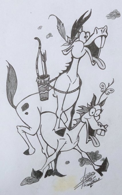 A pencil sketch of two cartoon-style horses/giraffes with exaggerated features, one wearing a Native American-style headdress with a feather, and the other holding a bucket, with small clouds in the background.
