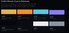 Color palette webpage header reading 'Gold is Bitcoin. Cyan is Ethereum.' displaying six color swatches labeled with crypto-related terms.