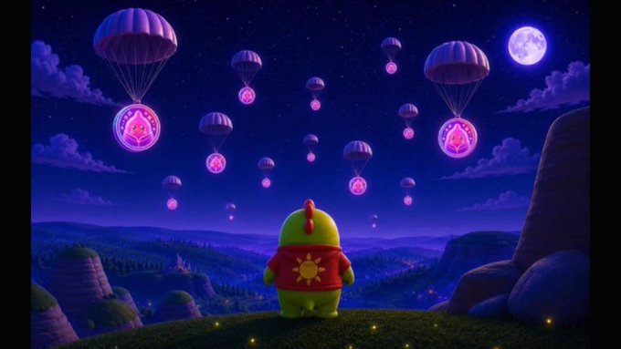 A whimsical 3D illustration of a small green character wearing a red sun shirt looking out over a night landscape as glowing pink medals descend from parachutes under a moonlit sky.