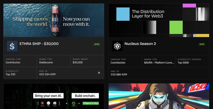 The image displays a dashboard featuring four crypto/Web3 project listings, with "Nucleus Season 2" prominently shown as a Contribution campaign with $AURA tokens on Berachain, a Top 5000 eligibility tier, and an ending time of "21D 08H 42M." The other visible projects include "ETHRA SHIP - $30,000" (Stablecoins, Top 200) and a partially visible AI/onchain builder campaign, supporting the post's call to rally creators around @NucleusCodes and its ongoing campaigns.