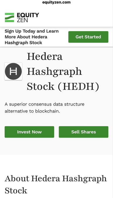 A mobile webpage screenshot from equityzen.com displaying Hedera Hashgraph Stock (HEDH) with 'Invest Now' and 'Sell Shares' buttons, described as 'A superior consensus data structure alternative to blockchain.'