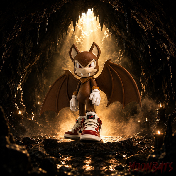 A 3D rendering of a bat-like character with red eyes and wings stands in a cave wearing red sneakers, with 'MOONBATS' written in the corner.