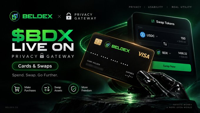 An advertisement for 'BELDEX x PRIVACY GATEWAY' announces '$BDX LIVE ON PRIVACY GATEWAY - Cards & Swaps' featuring a Visa card and a token swap interface.