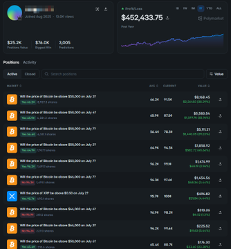 Crypto portfolio dashboard displaying $462,433.75 total value with positions activity showing multiple 'Will the price of Bitcoin be above' prediction market entries for July and August 2025.
