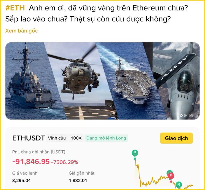 A social media post in Vietnamese discussing Ethereum, featuring images of military assets and a trading chart showing an ETHUSDT position with a massive unrealized loss of -7506.29%.