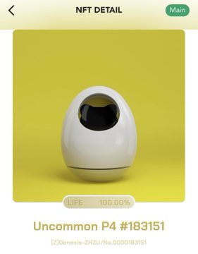 NFT Detail page showing 'Uncommon P4 #18315' with LIFE at 100.00%, featuring a white egg-shaped object with a black circular face on a yellow background.