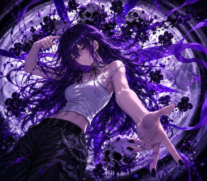 An anime-style illustration of a girl with long flowing purple hair, wearing a white crop top and black pants, poses dramatically against a circular purple background with black flowers and skull motifs.