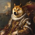 An AI-generated portrait of a Shiba Inu dog dressed in regal, ruffled Elizabethan-era noble attire with an ornate gold chain.