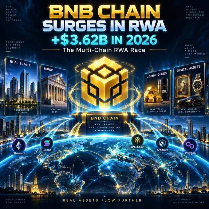 A vibrant promotional graphic announcing that "BNB CHAIN SURGES IN RWA +$3.62B IN 2026" in "The Multi-Chain RWA Race," featuring a glowing golden BNB Chain logo above a world map with interconnected networks to Ethereum, Solana, BNB Chain, Arbitrum, and Polygon, flanked by imagery representing tokenized real estate, bonds, commodities, and digital assets. The visual reinforces the post's headline about BNB Chain's leading growth in real-world asset tokenization while Ethereum remains the dominant overall player in the expanding multi-chain RWA ecosystem.