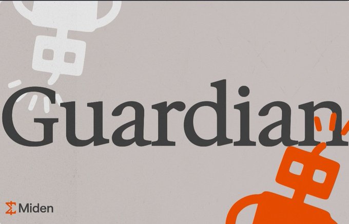 The image features a gray background with the words "Guardian" written in black text above an orange robot figure. The robot appears to be standing up against the gray backdrop, creating a contrast between the two colors. Below the robot, there is a smaller white robot figure that matches its color scheme. The overall layout of the image suggests it could be part of a promotional campaign or advertisement for Guardian's services.