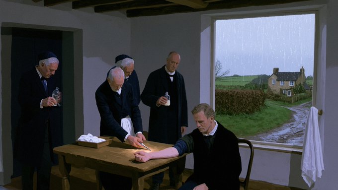 A painting depicting four clergymen in dark robes performing bloodletting on a seated man's arm, with one holding a leech jar, set in a rustic room with a view of a rainy countryside through a large window.