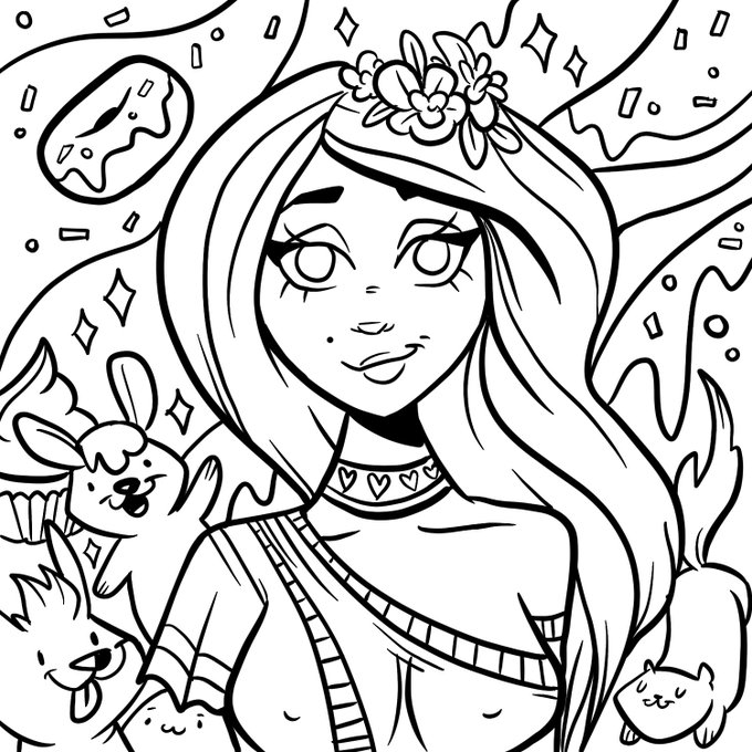A black-and-white line art coloring page features a smiling girl with long flowing hair, a flower crown, and a heart necklace, surrounded by cute animals and decorative swirls.