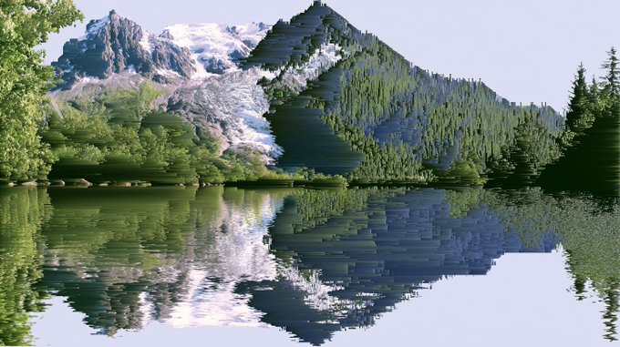 A serene digital artwork depicting a mirror-like alpine lake reflecting snow-capped mountains and pine forests, likely the NFT piece recently sold at auction to @OGDSZN on objkt.com.